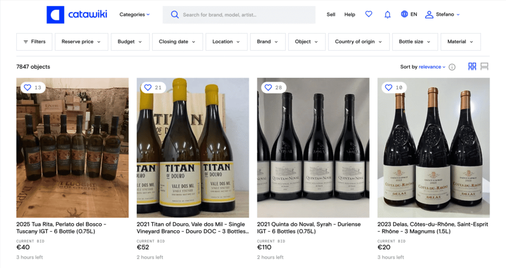 Screenshot van wijnen op Catawiki