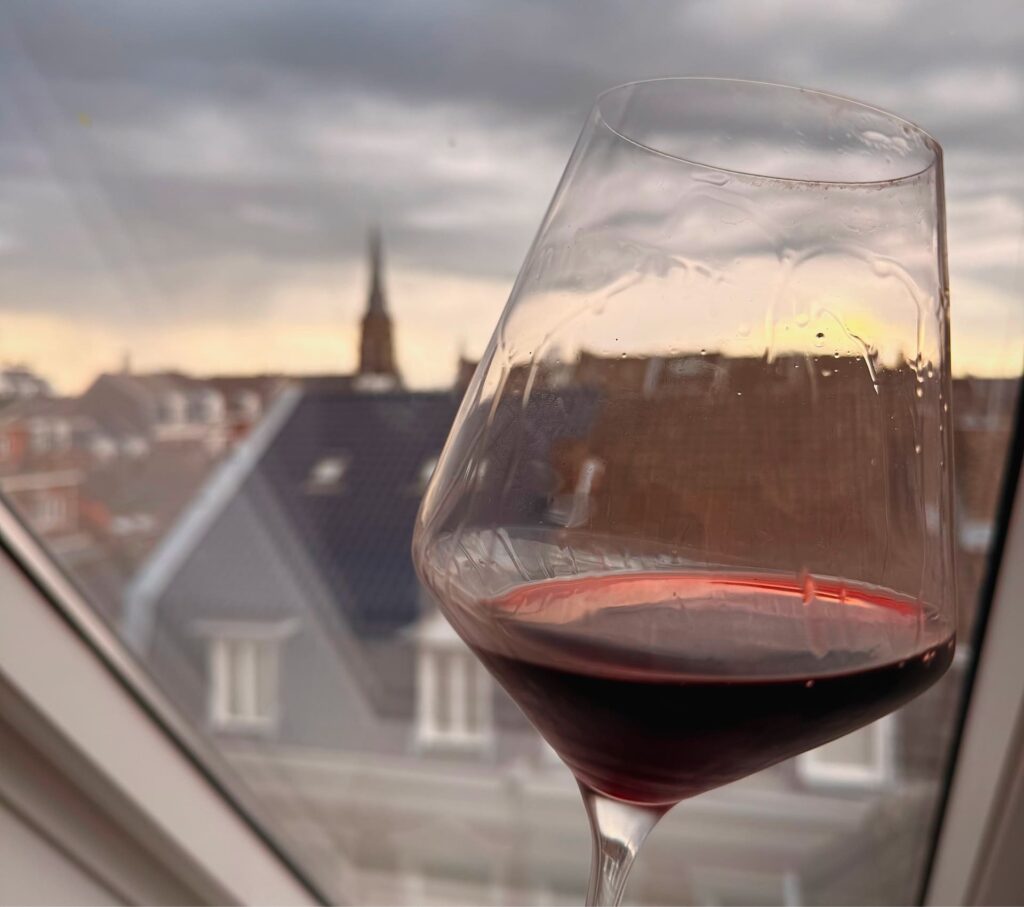 Glas Poderi Vaiot Pierin Roero 2018 met uitzicht op Maastricht